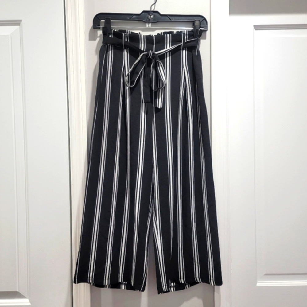 Full Circle Trends Black and White Striped Front Tie Cropped Pants